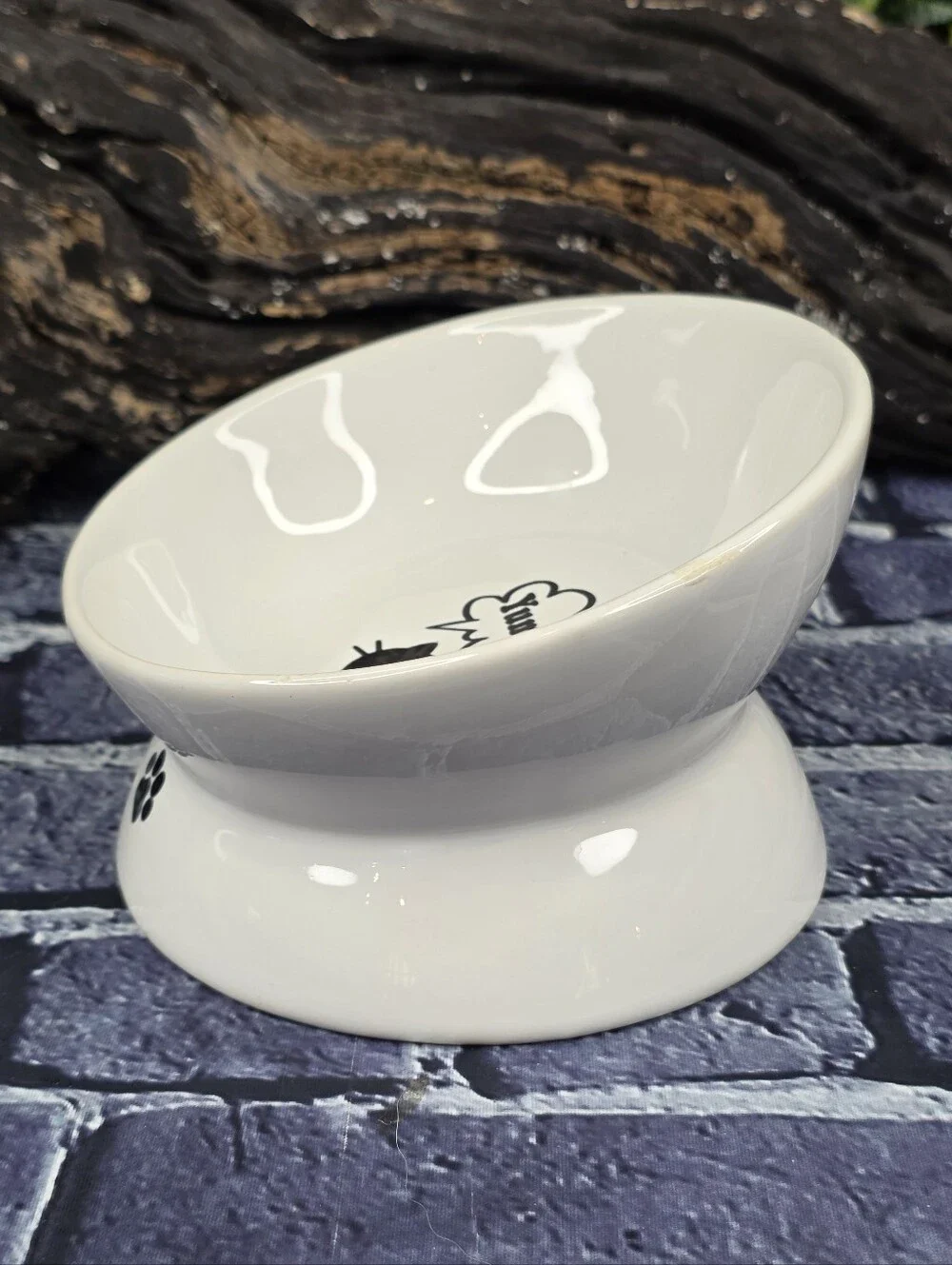 YHY Raised Tilted Ceramic Cat Bowl with Paw Prints & “Yummy!” Design